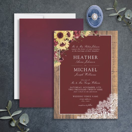 Invitation Tournesol Bourgogne Rustique Mariage de script de