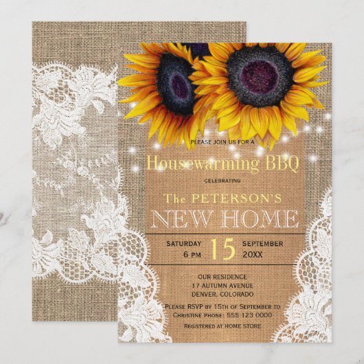 Invitation Tournesol burlap et dentelle automne maison chauff (Devant / Derrière)
