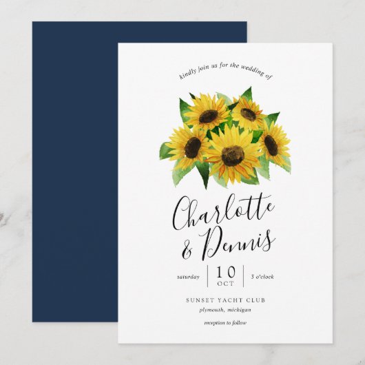 Invitation tournesol couleur aquarelle et mariage bleu marine (Devant / Derrière)