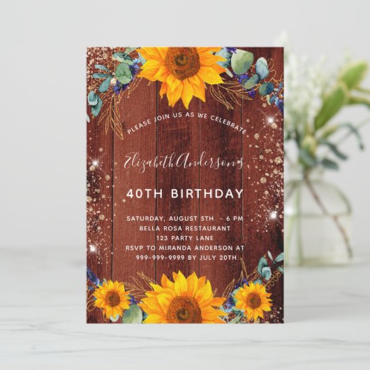 Invitation Tournesol d'anniversaire eucalyptus bois brun rust (Debout devant)