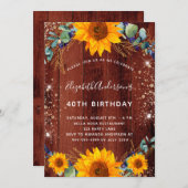 Invitation Tournesol d'anniversaire eucalyptus bois brun rust (Devant / Derrière)