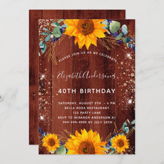 Invitation Tournesol d'anniversaire eucalyptus bois brun rust (Devant / Derrière)