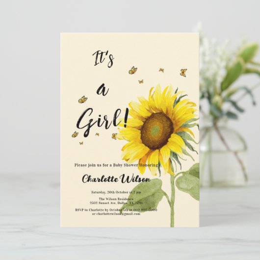 Invitation Tournesol d'aquarelle avec Baby shower de papillon (Debout devant)