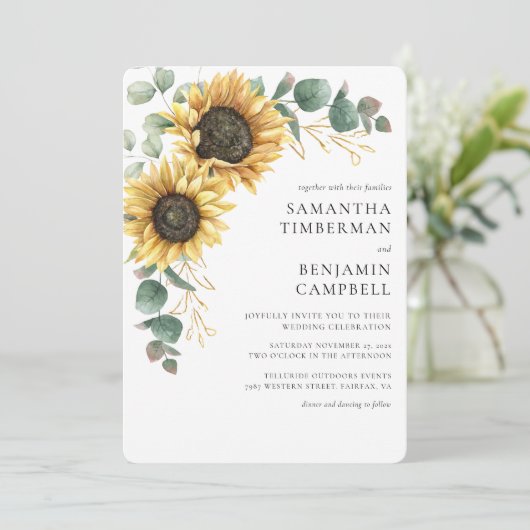 Invitation Tournesol d'aquarelle et Mariage d'eucalyptus (Debout devant)