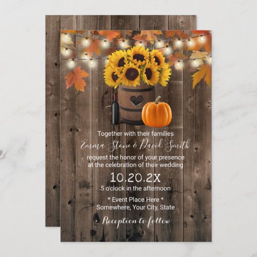 Invitation Tournesol d'automne et Citrouille Rustique Mariage (Devant / Derrière)