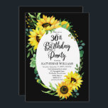 Invitation Tournesol de la fête du 30e anniversaire | Floral<br><div class="desc">Fleurs ensoleillées élégantes et modernes,  cadre vert eucalyptus design "30th Birthday Party" sur un arrière - plan noir modifiable. Back présente un bouquet de tournesol coordonné également sur un arrière - plan noir modifiable.</div>