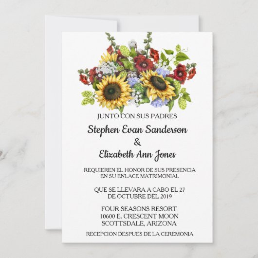 Invitation Tournesol de mariage espagnol Bourgogne Rustique (Devant)