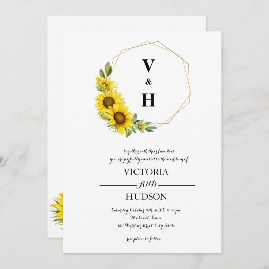 Invitation Tournesol d'or géométrique simple (Devant / Derrière)