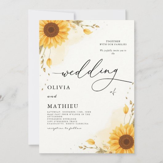 Invitation Tournesol doré Botanique Romance Mariage (Devant)