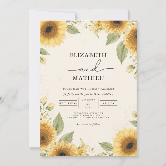 Invitation Tournesol doré Mariage rustique (Devant)