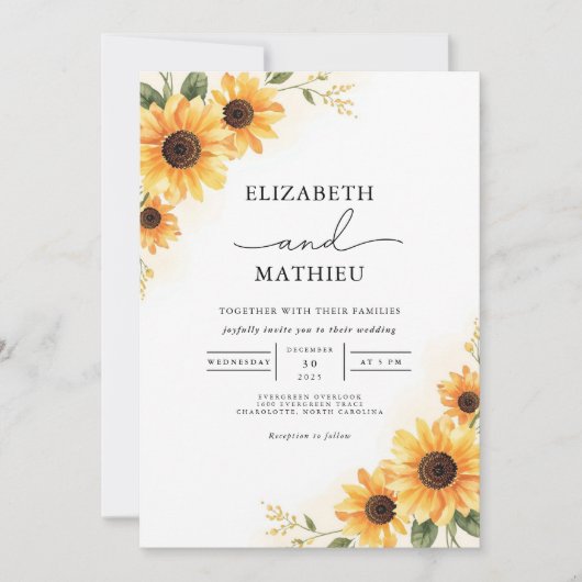 Invitation Tournesol doré Rustique Mariage de fleurs (Devant)