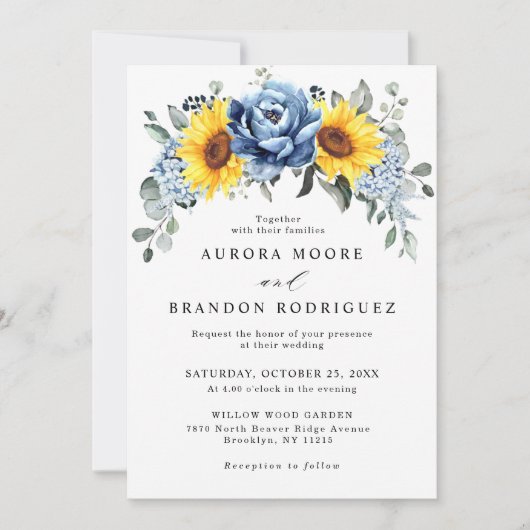 Invitation Tournesol Dusty Blue Slate Peony Mariage floral (Devant)