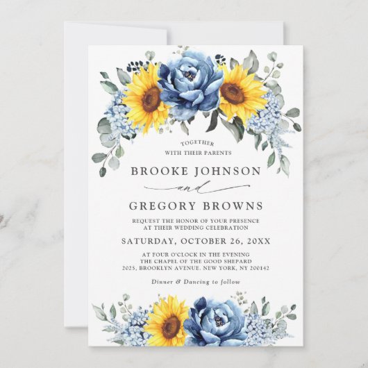 Invitation Tournesol Dusty Blue Slate Peony Mariage floral (Devant)