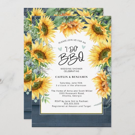 Invitation Tournesol en bois bleu rustique Je fais Fête des m (Devant / Derrière)