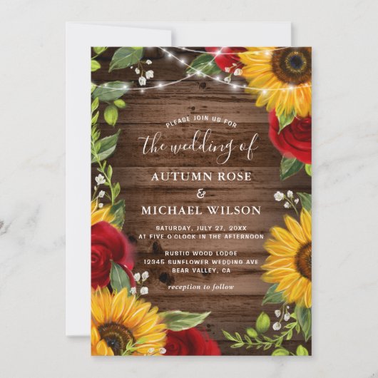 Invitation Tournesol en bois Brown rustique et Mariage en ros (Devant)
