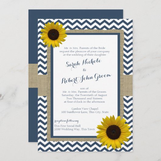 Invitation Tournesol et Chevron Marine Bleu Mariage rustique (Devant / Derrière)