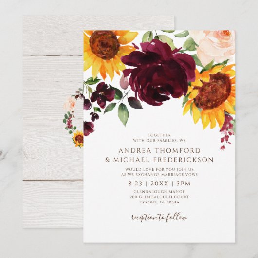 Invitation Tournesol et Mariage de automne rouge Rose de Bour (Devant / Derrière)