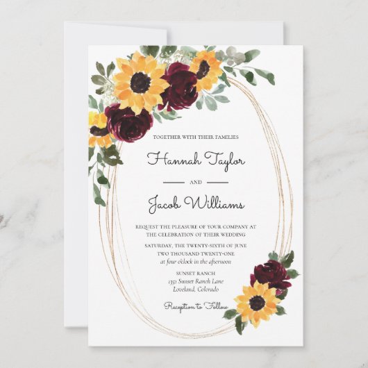 Invitation Tournesol et Mariage rouge Rose de Bourgogne (Devant)