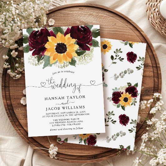 Invitation Tournesol et Mariage rouge Rose de Bourgogne