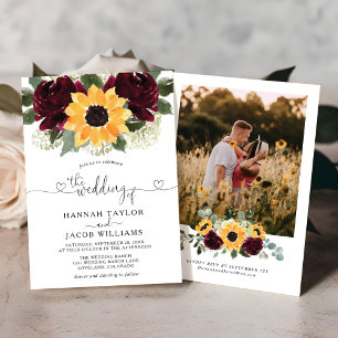 Invitation Tournesol et Rose Bourgogne Mariage photo rouge