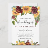Invitation Tournesol et Rose Bourgogne Rouge Mariage (Devant)