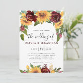 Invitation Tournesol et Rose Bourgogne Rouge Mariage (Debout devant)