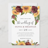 Invitation Tournesol et Rose Bourgogne Rouge Mariage (Devant)