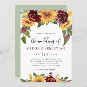 Invitation Tournesol et Rose Bourgogne Rouge Mariage