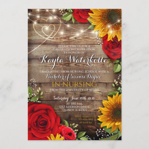 Invitation Tournesol et Rose Graduation Rustique bois