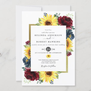 Invitation Tournesol et Rose Mariage bleu de la marine de Bou