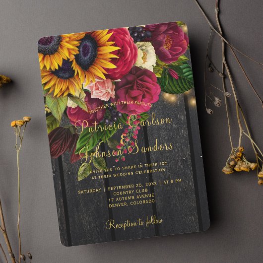 Invitation Tournesol et roses bordeaux mariage rustique d'aut