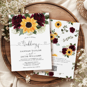 Invitation Tournesol et Roses Code QR Mariage Rouge Bourgogne