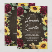 Invitation Tournesol et roses rouges Mariage de la grange rus (Devant / Derrière)