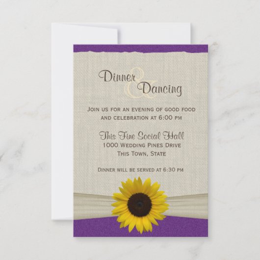 Invitation Tournesol et toile de jute Réception violet et jau (Devant)