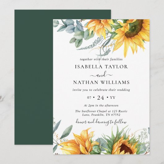 Invitation Tournesol Eucalyptus Floral Mariage botanique (Devant / Derrière)