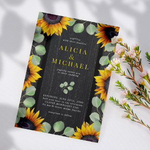Invitation Tournesol eucalyptus mariage en bois de grange