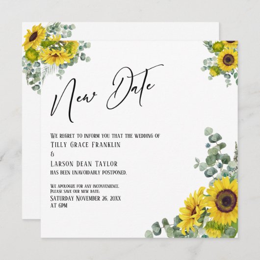 Invitation Tournesol Eucalyptus Nouvelle Date Mariage Faire-p (Devant / Derrière)