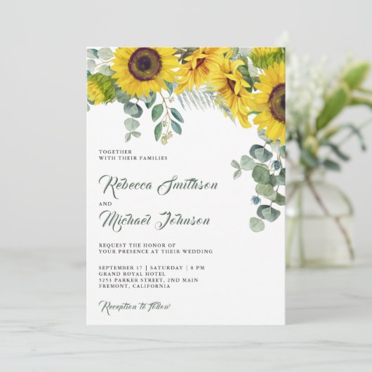Invitation Tournesol Eucalyptus tout en un Mariage de code QR (Debout devant)