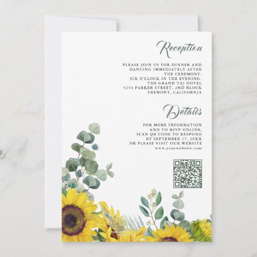 Invitation Tournesol Eucalyptus tout en un Mariage de code QR (Dos)