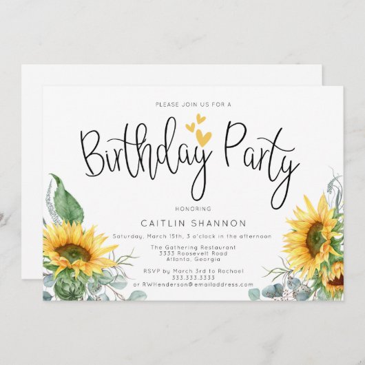 Invitation Tournesol fête d'anniversaire (Devant / Derrière)