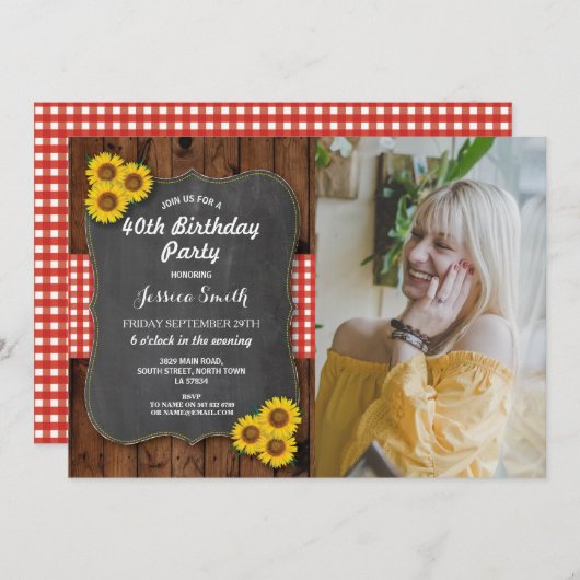 Invitation Tournesol fête d'anniversaire Rustic Wood Chalk Ph (Devant / Derrière)