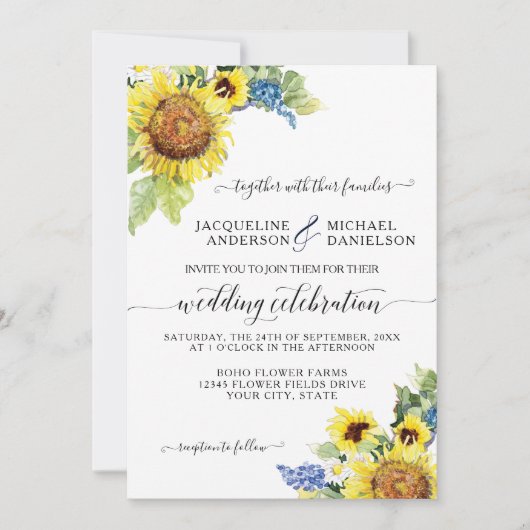 Invitation Tournesol Floral Bleu Eucalyptus BOHO Chic Mariage (Devant)
