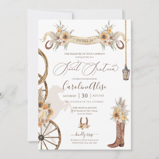 Invitation Tournesol Floral Boho Rustique Sweet sixteen occid (Devant)