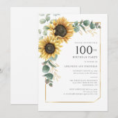 Invitation Tournesol floral Eucalyptus 100e anniversaire (Devant / Derrière)