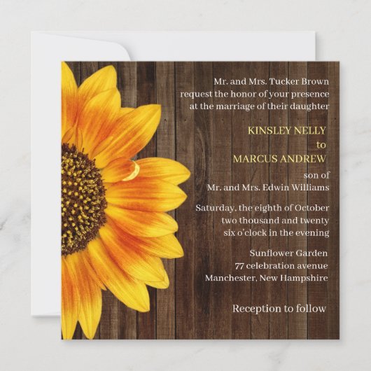 Invitation Tournesol Floral Jaune Russe Mariage Bois (Devant)