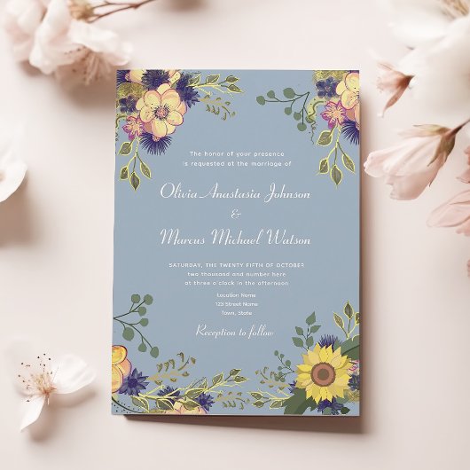Invitation Tournesol Floral Rustique Dusty Mariage bleu