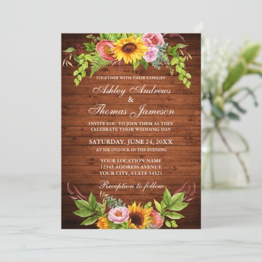 Invitation Tournesol Floral Rustique Mariage de bois (Debout devant)