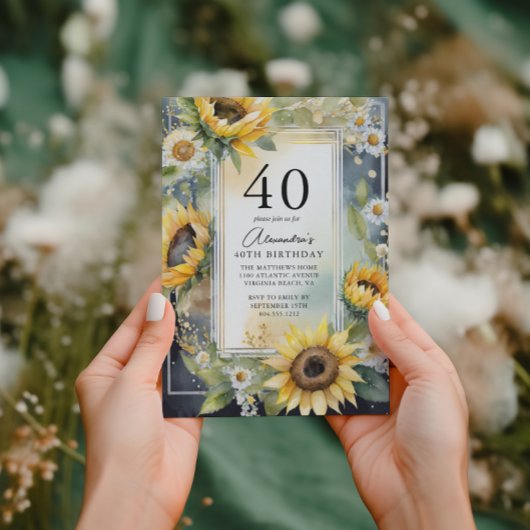 Invitation Tournesol floral rustique Script 40e anniversaire