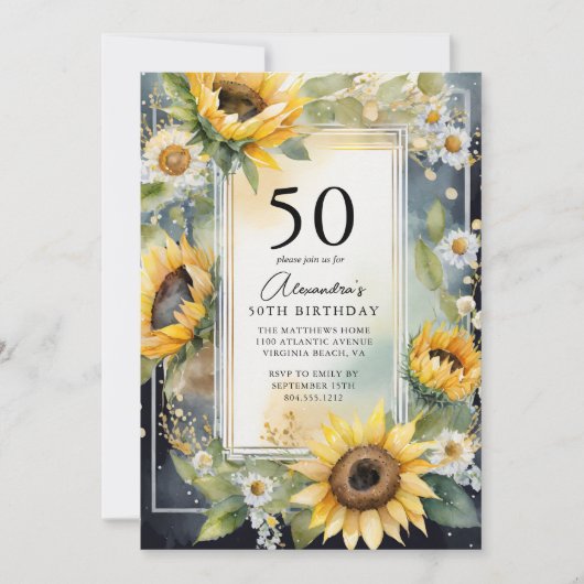Invitation Tournesol floral rustique Script 50e anniversaire (Devant)