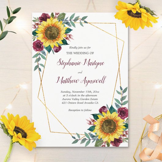 Invitation Tournesol géométrique Bourgogne Rose Mariage flora